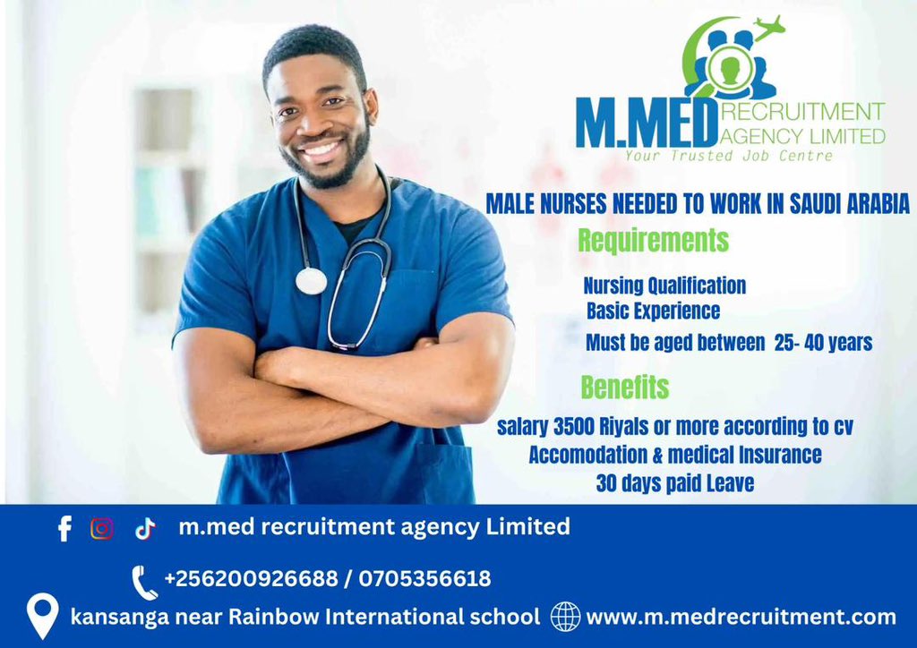 Atuhairecarol10's tweet photo. 🔗📌Male Nurses with a Nursing qualification are needed to work in Saudi Arabia. 

Call 📞 or wattsapp @mmedrecruitment on +256 705 356 618  Or  +256 200 926688  for more info on this. https://t.co/ygdpAhPlJl