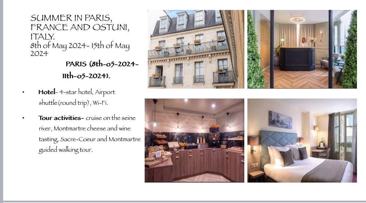 adroittours's tweet photo. SUMMER IN FRANCE &amp; ITALY (8-15 May,2024)
Cost includes :- 
-4-star hotel + breakfast, 
-Airport transfer,Wi-Fi.
-Tour activities
Pls Note :- Contact us for Visa processing .
😎
#grouptravel #summer2024 #summerholiday #nigeriantraveller #wedotourism 
#tourtheworldwithbiadroittours https://t.co/B2eVFFTKYf