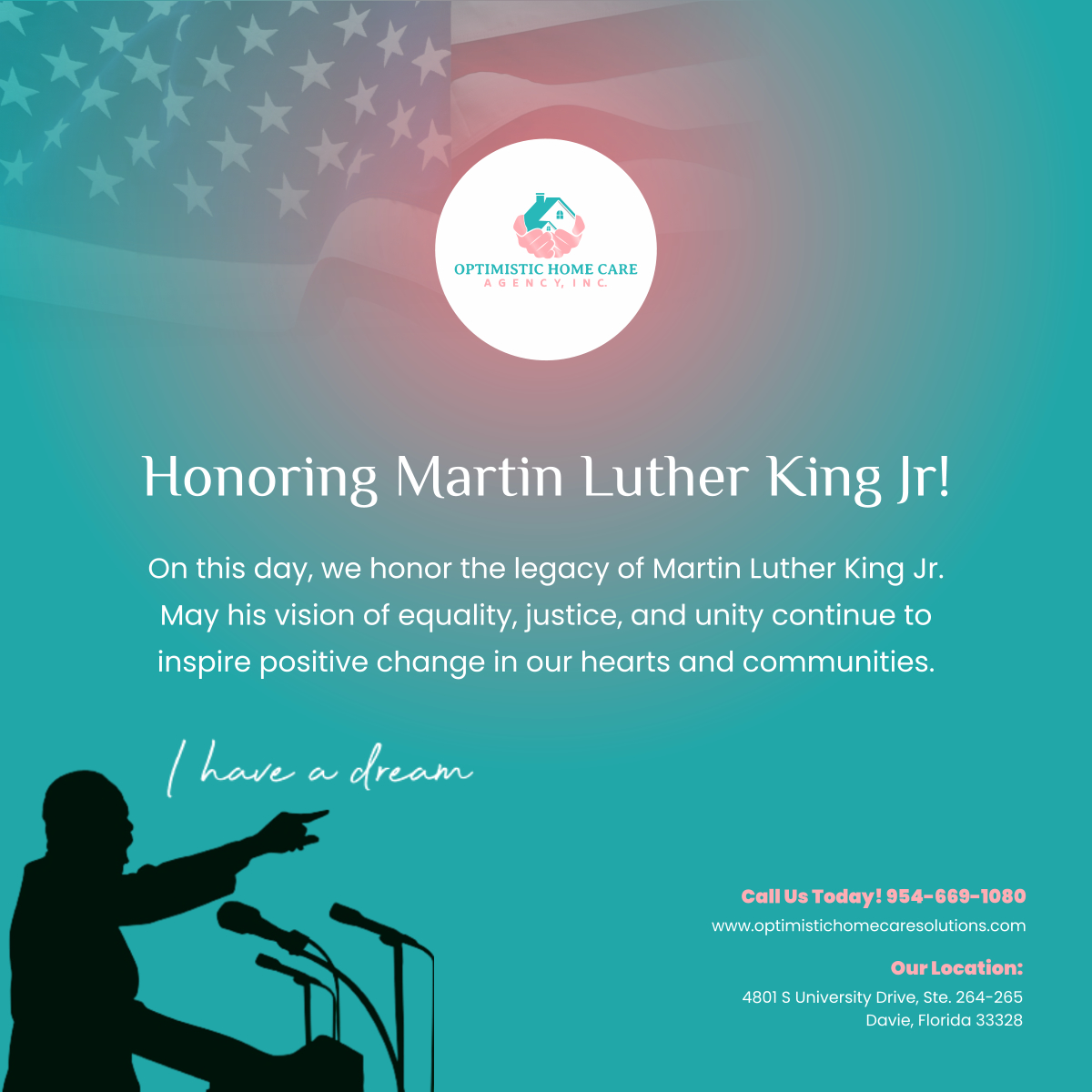 We are celebrating a champion of equality on this special day. May we all reflect on Dr. King's legacy and strive for a brighter and more united future. May this MLK Day be peaceful for all.

#HonoringMLK #CelebrateMLKDay #DavieFL #HomeHealthcare #HomeCare