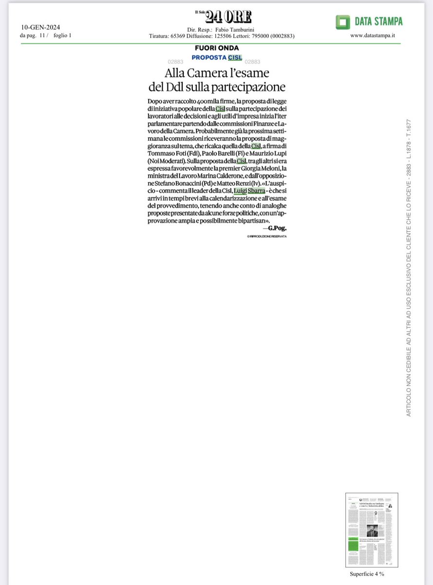 CislNazionale's tweet photo. 📢La legge sulla partecipazione dei lavoratori agli utili aziendali proposta dalla Cisl è approdata alla Camera dei Deputati. La notizia oggi su molti quotidiani ed organi di informazione
#unpostoaltavolo https://t.co/vTFNEkCr91