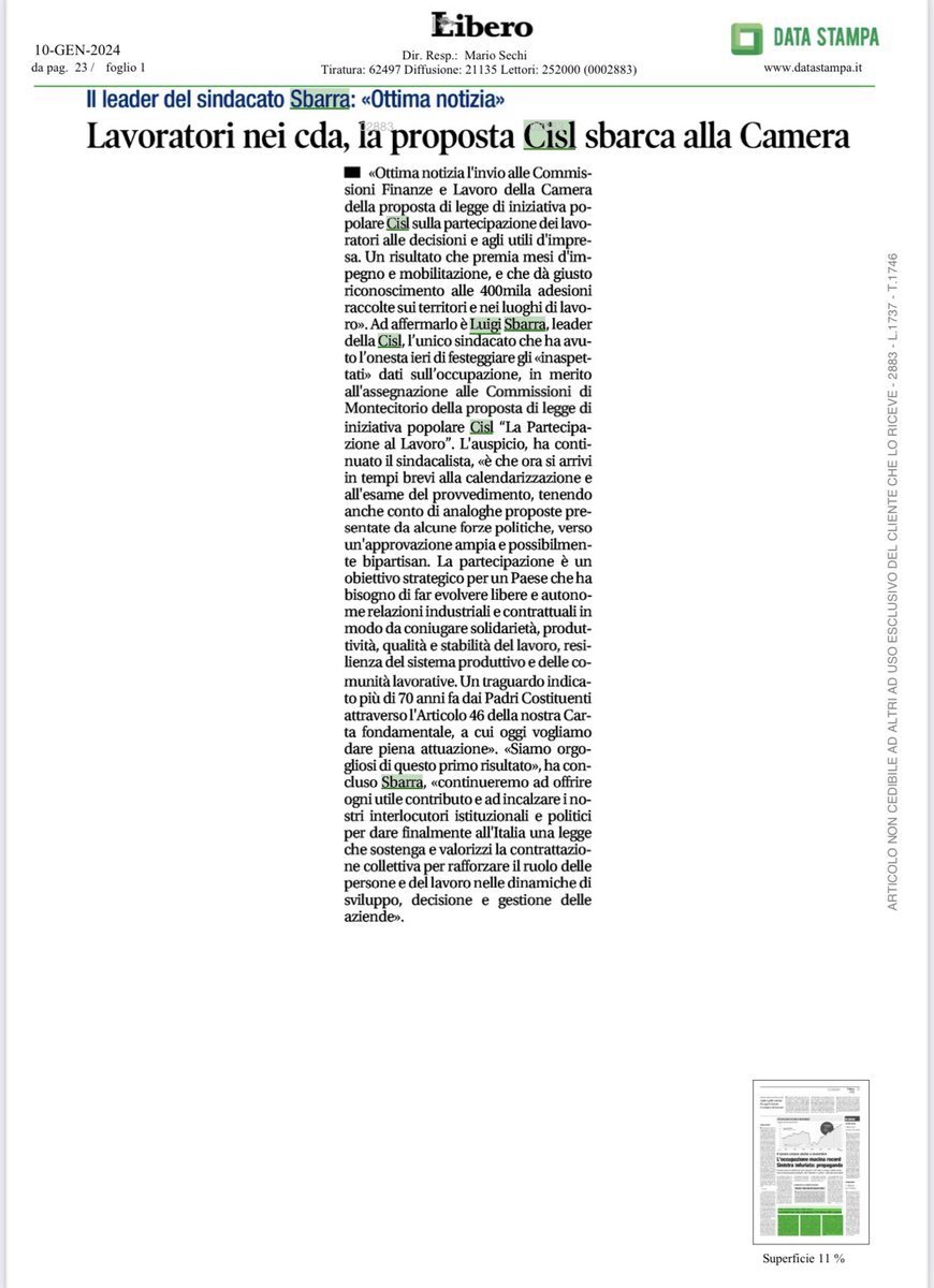 CislNazionale's tweet photo. 📢La legge sulla partecipazione dei lavoratori agli utili aziendali proposta dalla Cisl è approdata alla Camera dei Deputati. La notizia oggi su molti quotidiani ed organi di informazione
#unpostoaltavolo https://t.co/vTFNEkCr91