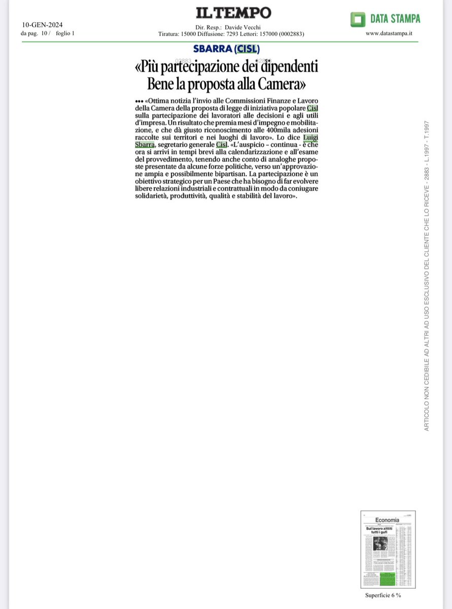 CislNazionale's tweet photo. 📢La legge sulla partecipazione dei lavoratori agli utili aziendali proposta dalla Cisl è approdata alla Camera dei Deputati. La notizia oggi su molti quotidiani ed organi di informazione
#unpostoaltavolo https://t.co/vTFNEkCr91