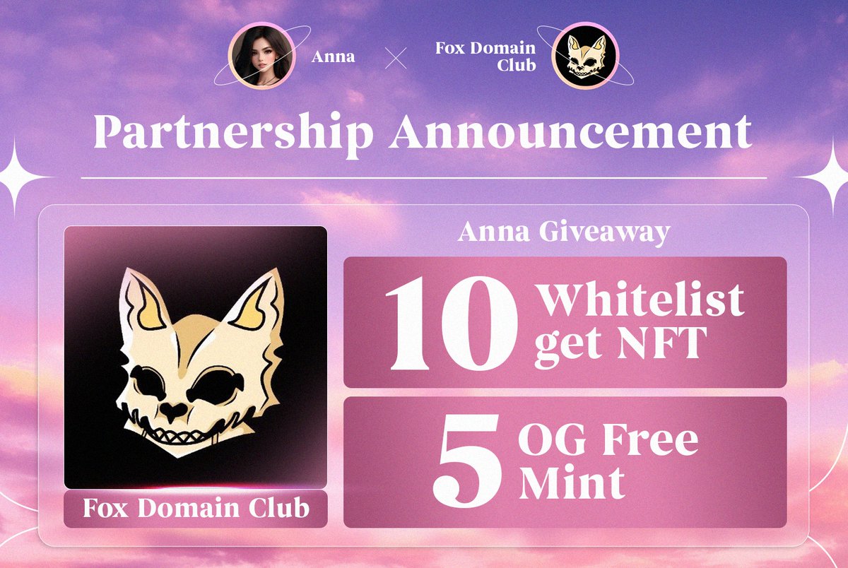 Anna_promoter's tweet photo. 💷 𝗠𝗔𝗝𝗢𝗥 #𝗚𝗜𝗩𝗘𝗔𝗪𝗔𝗬 𝗔𝗟𝗘𝗥𝗧 💷

[ Anna ] 🤝 [ Fox Domain Club ]

🎁 10 Fox NFT Whitelist
🎁 5 OG Freemint

𝗘𝗮𝘀𝘆 𝘁𝗮𝘀𝗸𝘀:
🔰Follow @Anna_promoter & @FoxDomainClub
🔰Retweet &❤️, tag 3 NFT friend

📆 Giveaway End : Jan 12

#NFTgiveaway