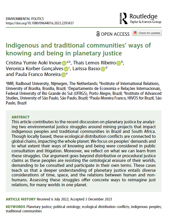 New research article! 'Indigenous and traditional communities’ ways of knowing and being in planetary justice' @inoue_cristina @Vrnckg @LarissaBassoBR @tlemosribeiro tandfonline.com/doi/full/10.10…