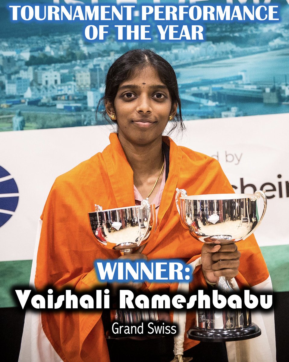 Congrats to Vaishali on winning the 2023 #womeninchess Tournament Performance of the Year!! 🥳🎉👏 At the Grand Swiss, Vaishali delivered to win the tournament, qualify for the Candidates, and nearly complete her GM title! 👏👏👏 📷: Anna Shtourman #chess #ChessYearAwards