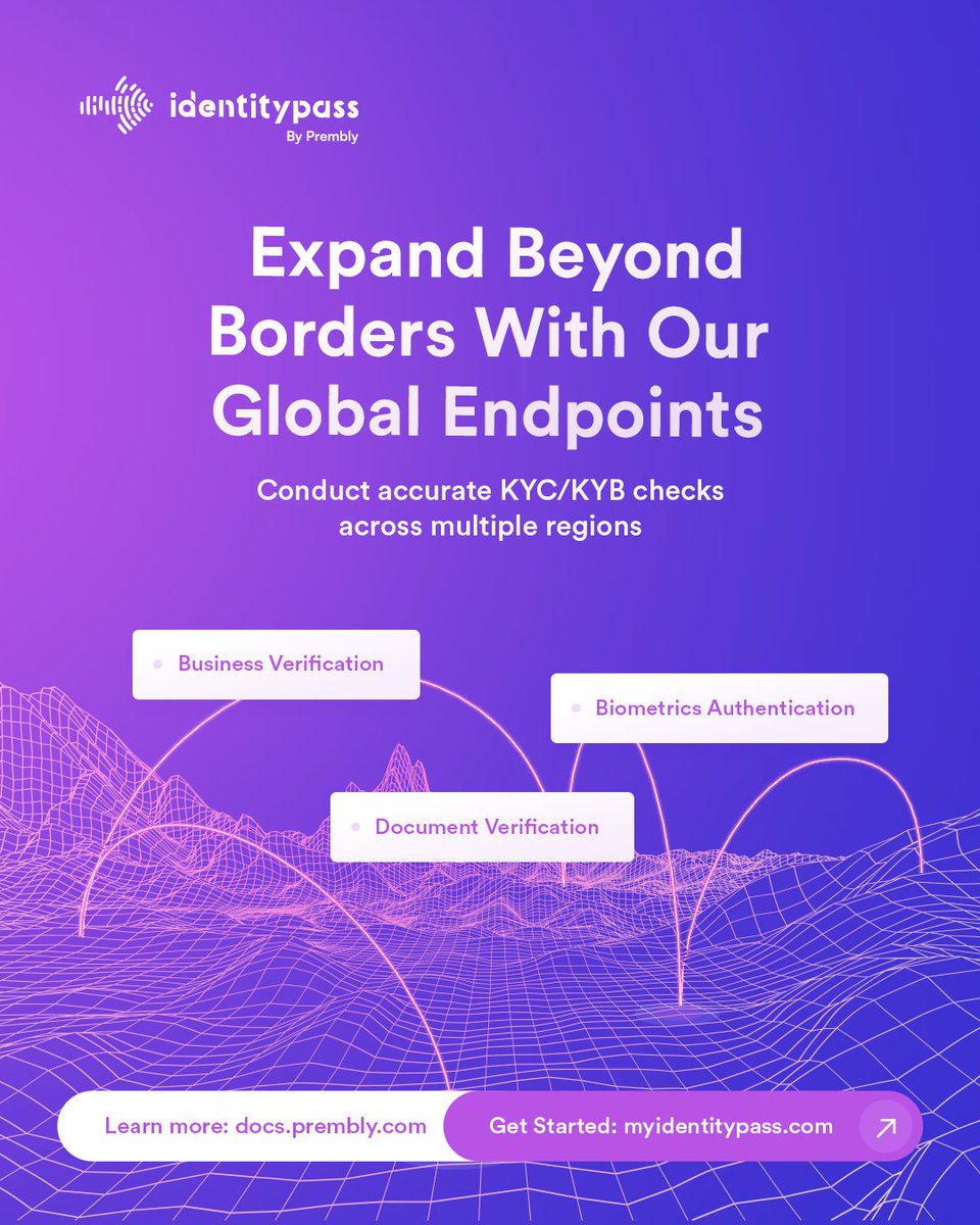 premblyinsight's tweet photo. Thinking of global expansion in 2024?
Explore seamless KYC/KYB solutions across borders โ Business Verification, Document Verification, Biometrics Authentication.
Learn more at https://t.co/x1z4yo8vtS and sign up at https://t.co/txBikPuspa.
#GlobalVerification #identitypass #kyc #Kyb
