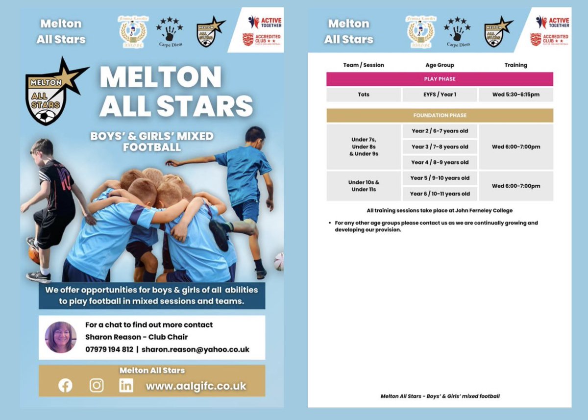 👋🏻 FIND OUT MORE ⚽️ℹ️

At Asfordby Amateurs Ladies, Girls &amp; Inclusive FC we provide #FootballForAll 🩵⚽️

Here’s more info about our <a href="/MeltonAllStars/">Melton All Stars ⭐️⚽️</a> for boys and girls in mixed football  🙏🏼👇