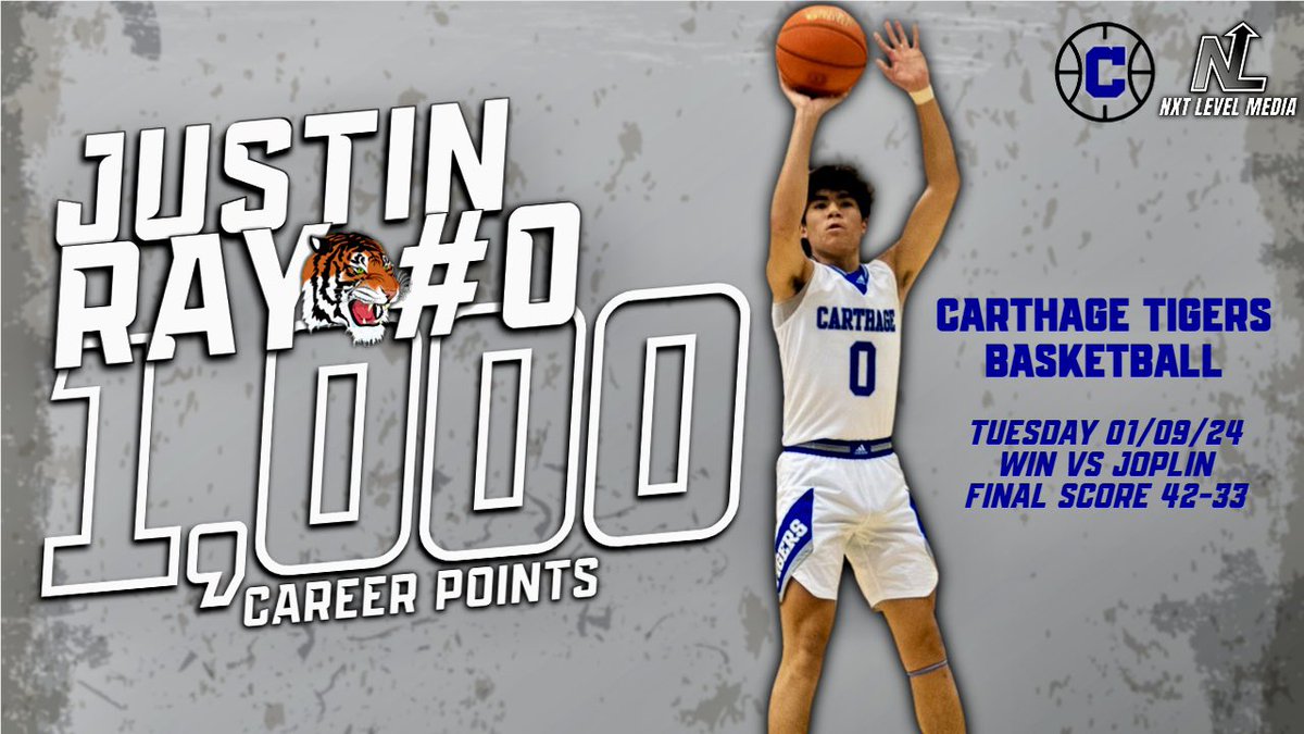 mediaNXTlevel's tweet photo. Congrats to Carthage Boys Basketball senior Justin Ray on scoring 1,000 career points, surpassing the mark during their 42-33 win on the road over the Joplin Eagles!🏀🐅 #LevelUp #NXThoops #ThousandPointClub
@CarthageTigerAD @CHSTigersBBall1 https://t.co/d4QCo14tNt
