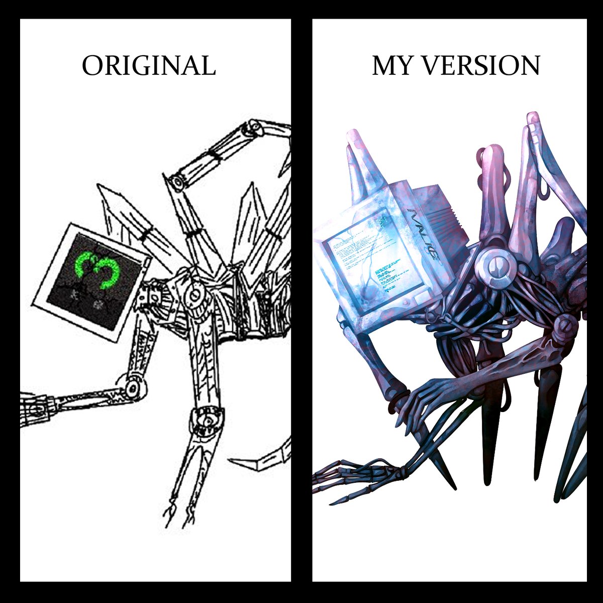 DeusJet's tweet photo. Greetings, Sinners! A better look at M.A.L.I.C.E! Original created by @A_AbNormal_
Retweet and post a picture of your own characters in the comments if you want a chance to have me spookify them!
#digitalart #horrorart #spiderlike #monster #artificialintelligence #beforeandafter https://t.co/w5g0YgOlwq