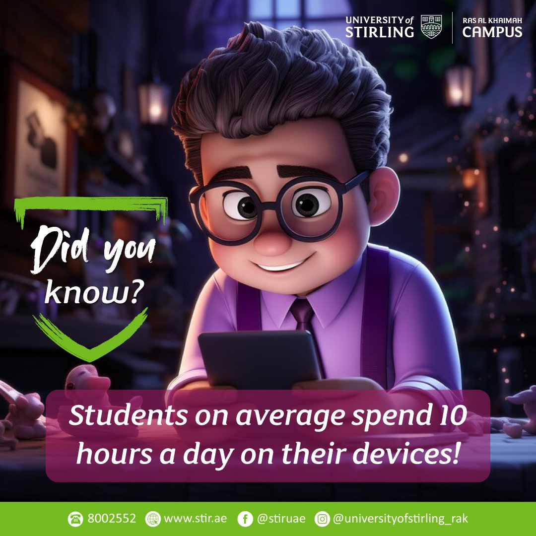 Stir_UAE's tweet photo. Do you spend a lot of time on your device? You're not alone! Students on average spend about 10 hours a day on their devices.

 Remember to take breaks! 👀 

#StirlingFunFacts #DigitalLife https://t.co/RJsKpfuiNZ