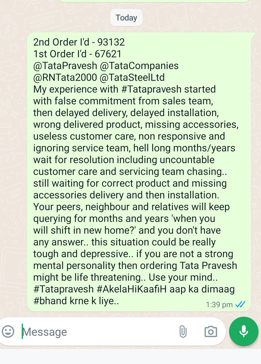 2nd Order I'd - 93132
1st Order I'd - 67621
@TataPravesh @TataCompanies @RNTata2000 @TataSteelLtd 
My experience with #Tatapravesh #AkelaHiKaafiH aap ka dimaag #bhand krne k liye..