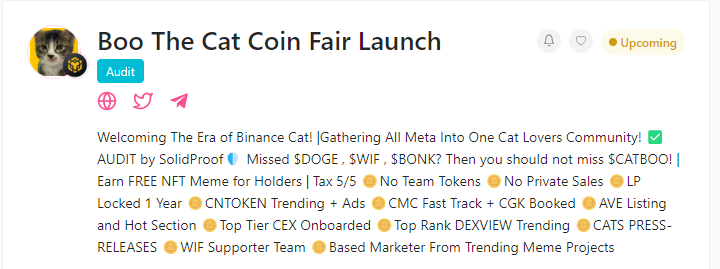 ClassCryptoo's tweet photo. 📢Boo The Cat Coin Fair Launch
 @boothecatcoin 
 
⚪️ Pinksale :
https://t.co/jnJa7y3dCv

Arkadaşlar @ClassCryptoo  ekibi olarak bu ekiple ilk kez çalışıyoruz. Sözleşme adresinde herhangi bir sorun gözükmüyor. Reklamların olacağı bilgisi aldık ve bizler gibi bir çok Telegram grupları ile anlaşma yapmışlar.Ekip olarak bizler de bu projeyi değerlendirmeyi düşünüyoruz . Yine de herkes kendi araştırmasını yaparak yatırım yapsın 👍

Binance Cat Çağına Hoş Geldiniz!
Tüm Metaları Tek Kedi Severler Topluluğunda Toplıyoruz! 

✅ SolidProof ile DENETİM (https://t.co/ZpJKlZaJdQ)🛡

#DOGE , #WIF , #BONK ve diğer bebekleri kaçırdınız mı ? O halde #CATBOO kaçırmamalısınız !

Gerçek pfp'yi logo, gerçek kedi, gerçek isim olarak kullandığımız En Güvenli Meme tabanlı proje. Devasa bir meme ekosistemi yaratmak için kedileri seven herkesi bir araya getiriyoruz. #Binance #Cat 2024 . Sahipleri için ÜCRETSİZ NFT Meme kazanın.

✌️  %100 Topluluk Tabanlı Proje, EKİPLER GÜVENLİ 🚀

🌟 ÖZELLİKLER:

1. Aşama
➡️ Boo Wif Şapkalı NFT Serisi
➡️ Baby Boo NFT Serisi
➡️ Mini oyun

2. Aşama
➡️ BooSwap
➡️ BooVerse

🔼Buy Tax : %5
🔽Sell Tax : %5

SC: 5 BNB
Maksimum Satın Alma: 5 BNB

🪙 Takım Jetonları Yok
🪙 Özel Satış Yok
🪙 LP Kilitli 1 Yıl
🪙 Üst Seviye KOL Desteği
🪙 CNTOKEN Trend + Reklamlar
🪙 CMC Hızlı Geçiş + CGK Rezervasyonu Yapıldı
🪙 AVE Listesi ve Sıcak Bölüm
🪙 Üst Seviye CEX'e Katıldı
🪙 En Üst Sıradaki DEXVIEW Trendleri
🪙 KEDİLER BASIN BÜLTENLERİ
🪙 WIF Destekçi Ekibi
🪙 Trend Olan Meme Projelerinden Tabanlı Pazarlamacı

✉️Telgram (https://t.co/zqGssbYJlu)
🕊 Telegram (https://t.co/UVMMZnGqzC)
🌐İnternet sitesi (https://t.co/10U0lFv8le)