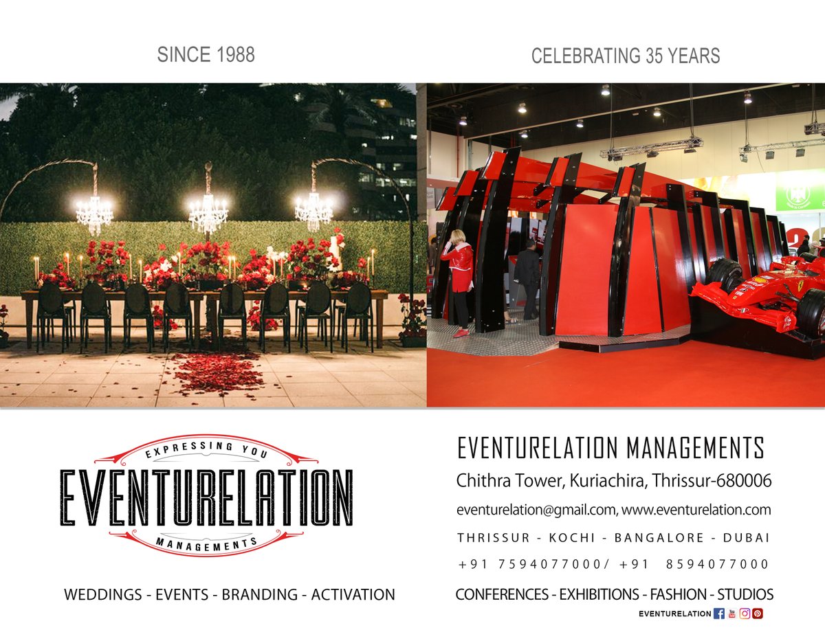 eventurelation's tweet photo. Since 1988 we do #activations #branding , #events #conference #ConvocationDay #weddings #destinationweddings #entertainment #corporateevents #CorporateMedia #corporatemovie #photography #exhibition #exhibitiondesign #tradeshow
Our facilities #dubai #Bangalore #kochi #thrissur https://t.co/nY1L6YF8PQ