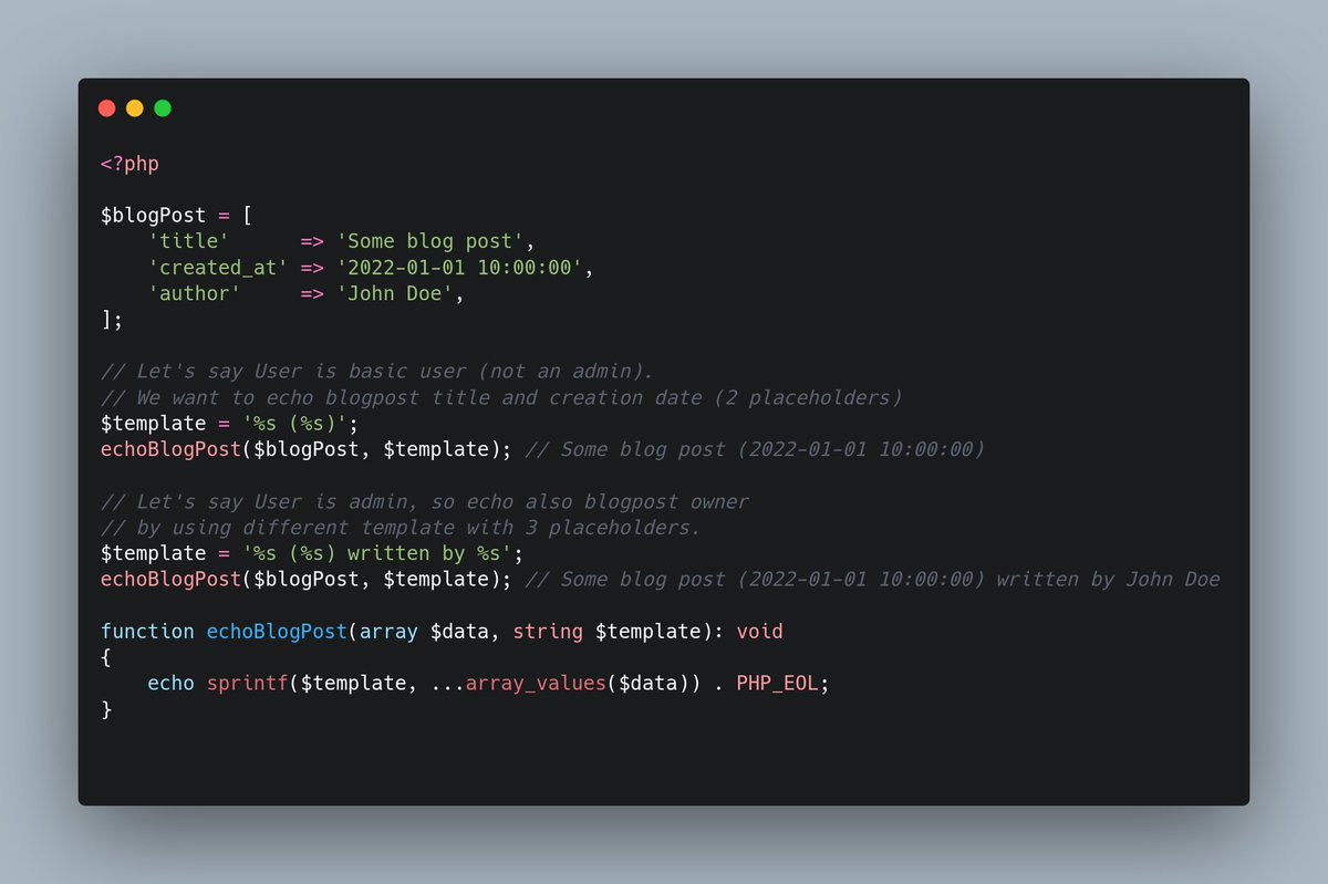 __MaRmAR__'s tweet photo. @PovilasKorop I use it all the time. Note that you can change sprintf's format on the fly (e.g. based on user's role) while still sending same amount of values. https://t.co/rD26Vo2Mu2