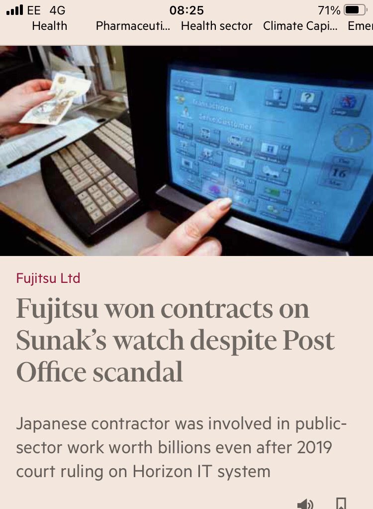 While Ministers desperately try to portray themselves as the good guys in the #PostOfficeScandal, perhaps the PM can explain why the Govt continued to award contracts to Fujitsu long after they knew that Horizon wasn’t fit for purpose @FT