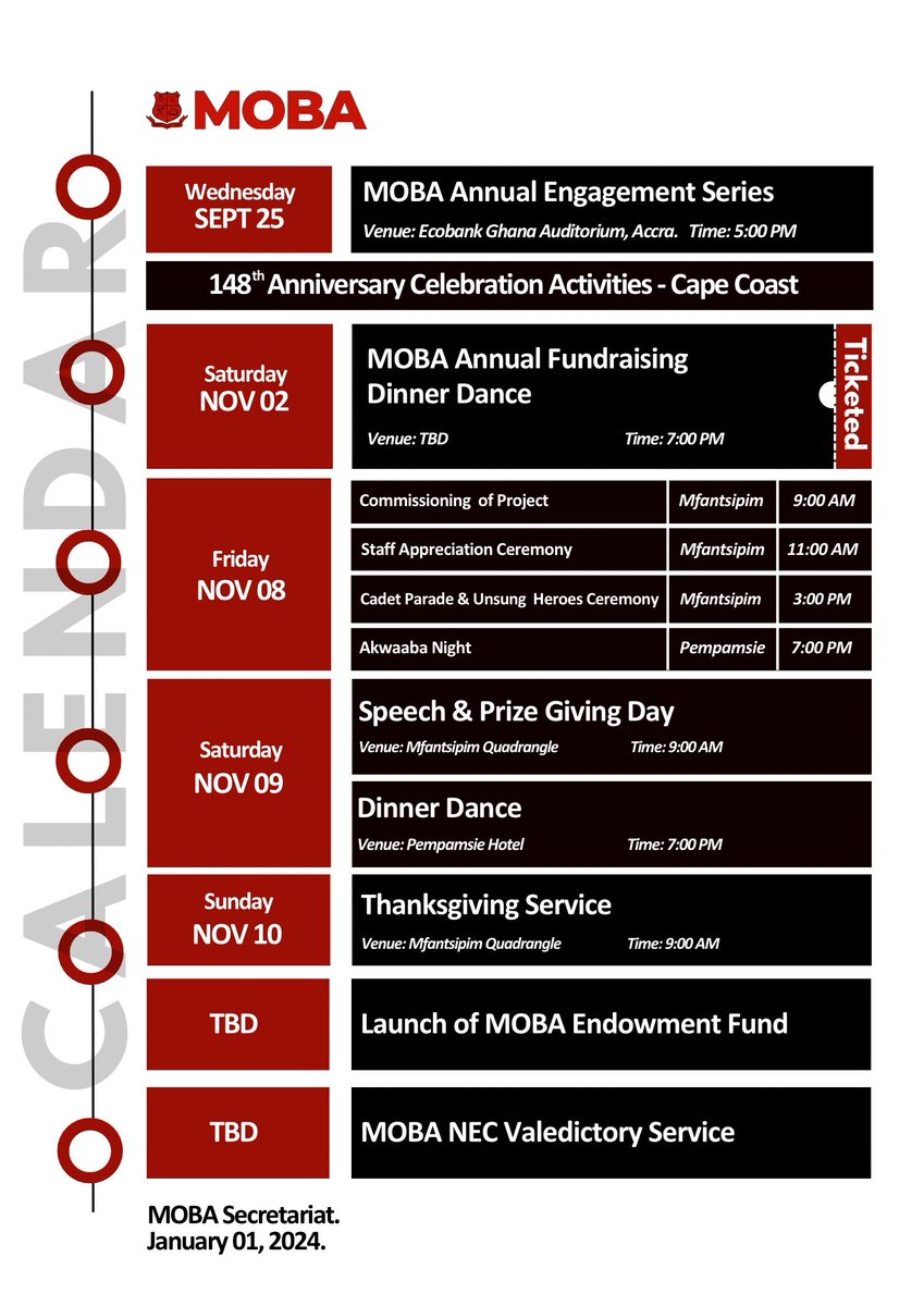 MOBA CALENDAR 🔴⚫️

Unearth the exciting schedule of the 2024 Mfantsipim Old Boys Association (MOBA) Annual Calendar! Access & download the calendar to see the exciting year ahead! 

#MOBACalendar 
#MadeInMfantsipim 
#MfantsipimSchool 
#MOBANational