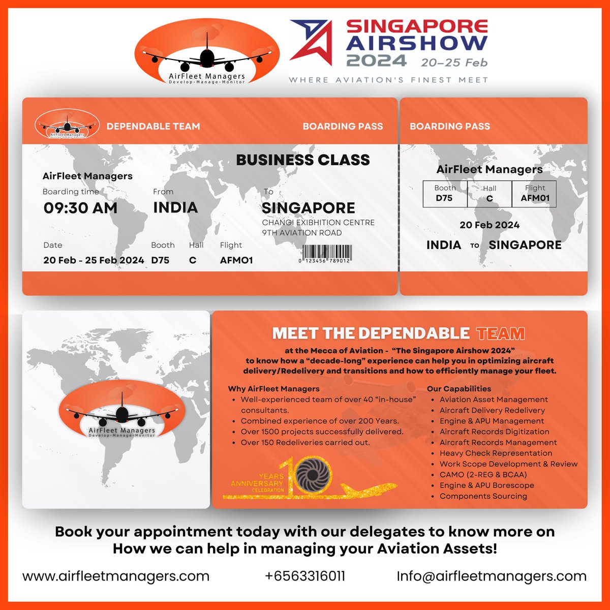Airfleet's tweet photo. We are delighted to announce our attendance at Singapore Airshow 𝟐𝟎𝟐𝟒. Meet “𝐓𝐡𝐞 𝐃𝐞𝐩𝐞𝐧𝐝𝐚𝐛𝐥𝐞 𝐓𝐞𝐚𝐦” at 𝐇𝐚𝐥𝐥 𝐂 𝐁𝐨𝐨𝐭𝐡 # 𝐃𝟕𝟓.
@SGAirshow
#SingaporeAirshow #SingaporeAirshow2024 #AirFleetManagers #AFM #TeamAFM #AviationAssetManagement #DependableTeam https://t.co/LKo8uBn2iF