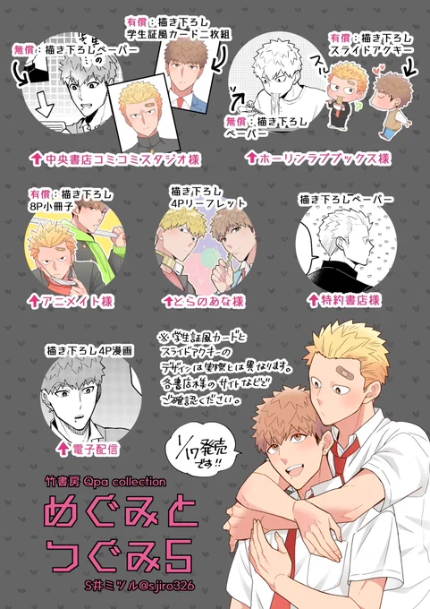 1/17発売『めぐみとつぐみ5』書店様特典です。よろしくお願い致します!(学生証風カードとアクキーの正確なデザインは各書店様のサイト等でお確かめ頂けますと幸いです😊) 