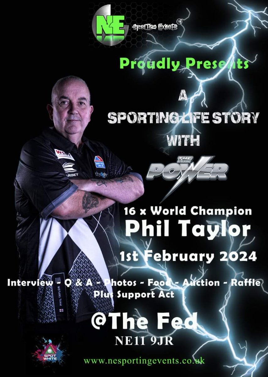 PhilTaylor's tweet photo. I'm appearing in #Newcastle courtesy of @NESPORTSEVENTS
Come and hear my 'Sporting life story' on February 1st
#Power ⚡ #16Times 🎯
Get last few tickets here ⬇️
https://t.co/w6PbiuZE2q https://t.co/XsEtbxHGwE