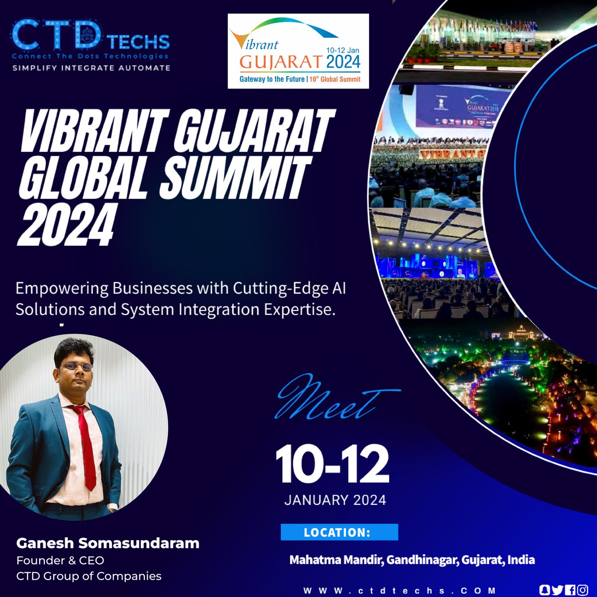 Join us in defining the future of success at Vibrant Gujarat Global Summit 2024! 
#vibrantgujarat2024 #SuccessJourney #GlobalSummit #BusinessInnovation #LeadershipInsights #FutureExploration #SuccessDefined #InnovationJourney #businesshorizons #gujaratsummit #GlobalConnection