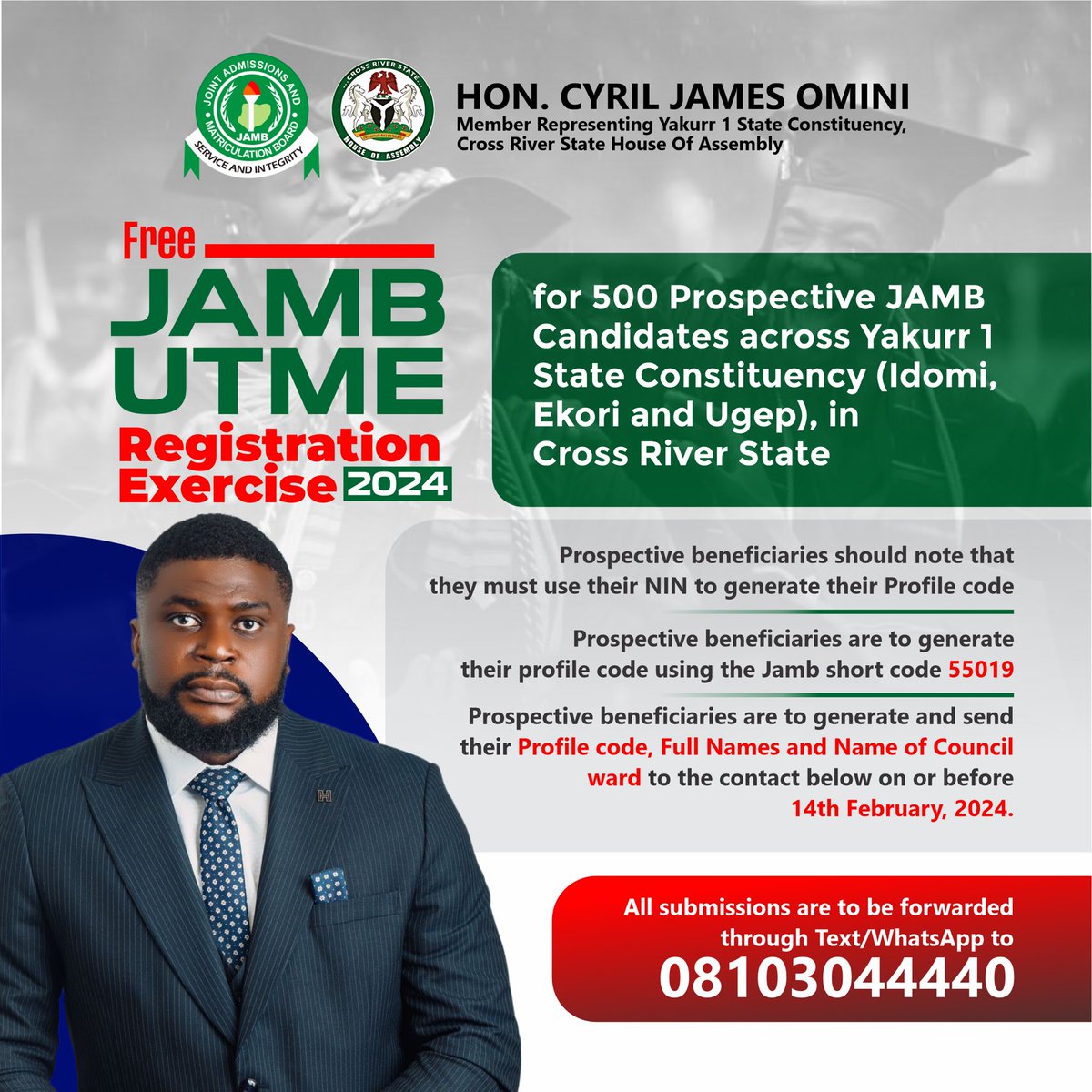 cyriljamesomini's tweet photo. I am pleased to announce the release of Three Million, One Hundred Thousand Naira (N3,100,000) for the purchase of Five Hundred (500) JAMB Registration forms.

These forms would be issued free of charge to my constituents in Yakurr 1 State Constituency… https://t.co/IieFb8ZMZ9