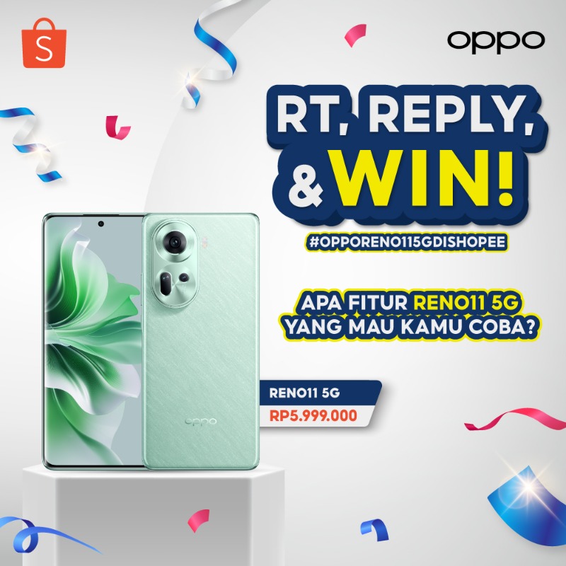 ShopeeID's tweet photo. ✨ GIVEAWAY RENO11 5G ✨

Mimin dan OPPO mau GIVEAWAY RENO115G senilai 5,9JT++ nih! Caranya:

- FOLLOW @ShopeeID
- RT &amp; LIKE tweet ini
- Klik banner di bawah ini
- REPLY #OPPORENO115GDISHOPEE + jawaban dari pertanyaan di banner 😆

Good luck! <3