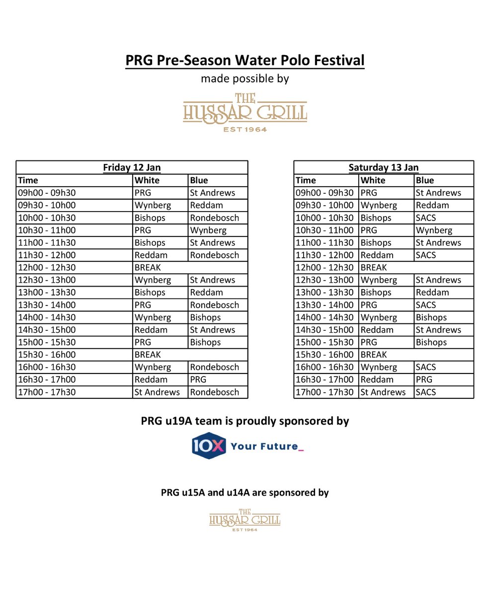 We are looking forward to welcoming water polo teams from across the region to the annual Hüssar Grill PRG Pre-Season Water Polo Festival this coming weekend. See the fixtures here. #thehüssargrillstellenbosch #10xinvestments #waterpolofestival @10Xinvestments @TheHussarGrill