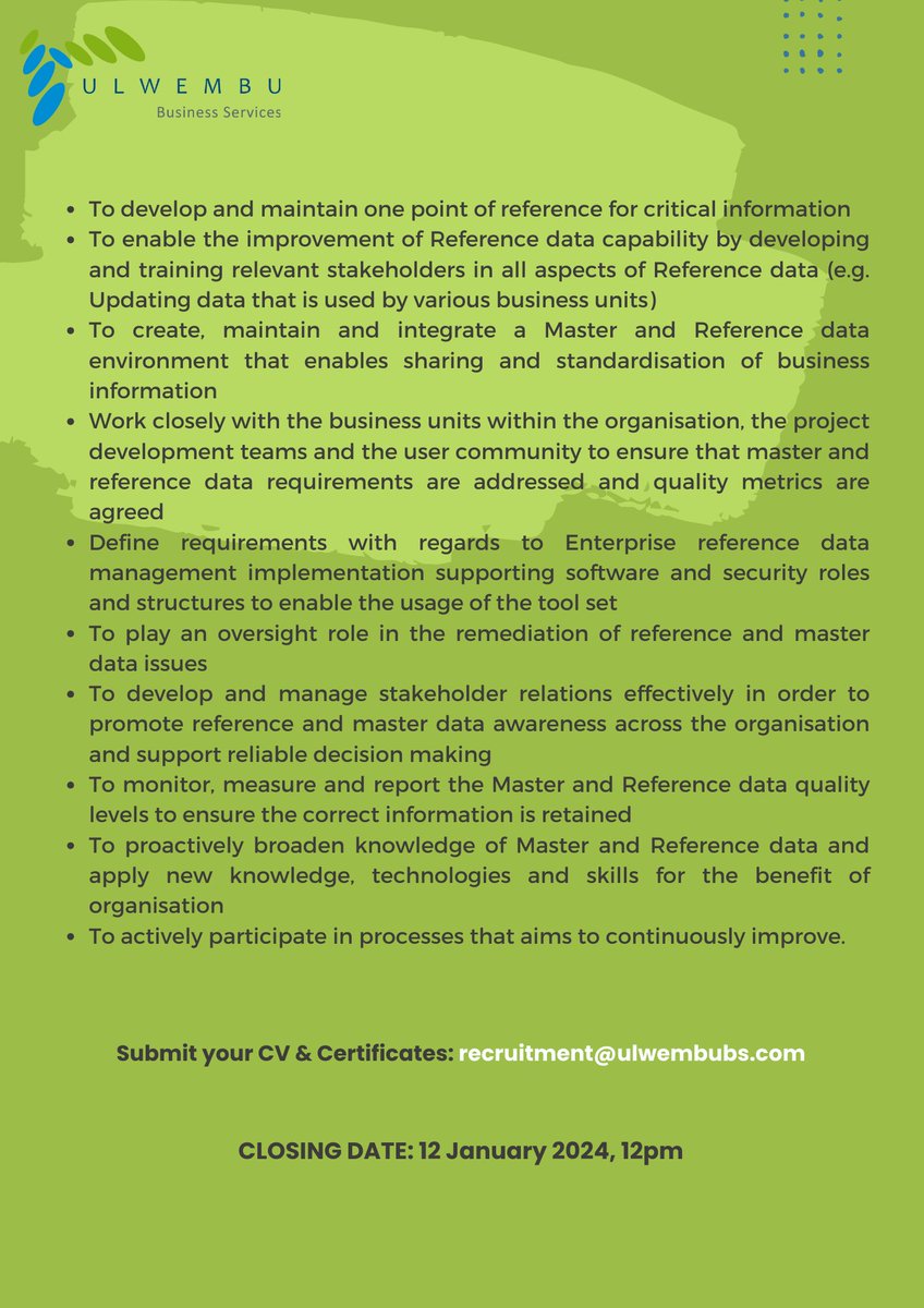 UlwembuBS's tweet photo. #hiringnow Senior Reference &amp; Master Data Management Specialist https://t.co/FUQgbsZ5Gw