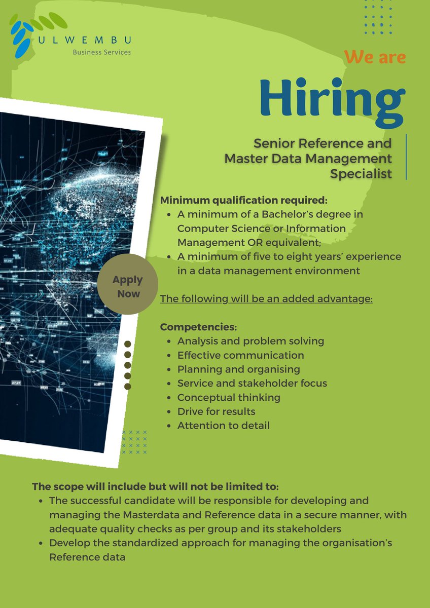 UlwembuBS's tweet photo. #hiringnow Senior Reference &amp; Master Data Management Specialist https://t.co/FUQgbsZ5Gw