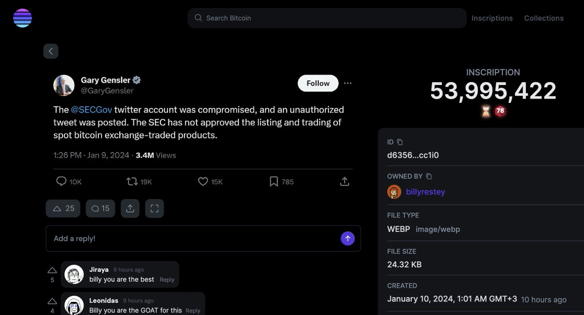 Bir kullanıcı Gary Gensler'in tweetini Bitcoin blokzincirine işledi.

ord.io/53995422