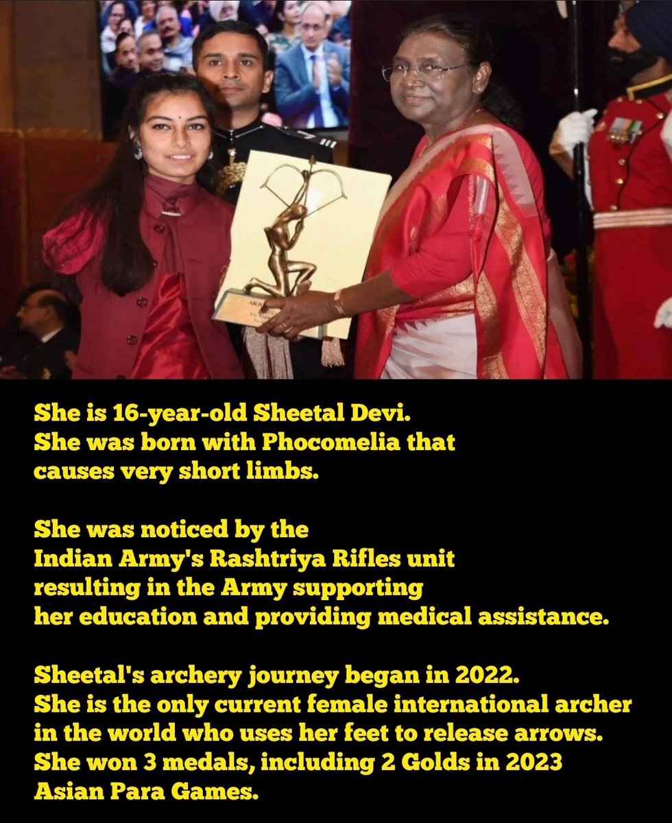 trainerpuneet's tweet photo. Sheetal Devi has been honoured with the Arjuna Award from the president of India.

#India #ArjunaAward #inspiration

Full story 👇👇 https://t.co/QrQZCX7tcA