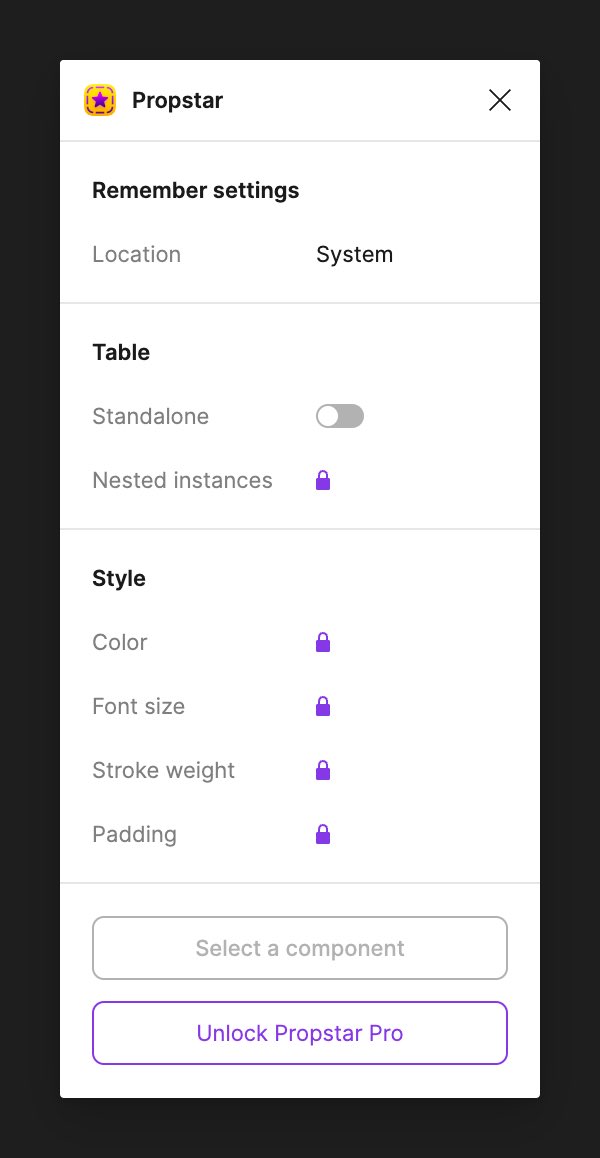 A few people reported that clicking the Unlock button is not triggering the payment flow, and I can’t reproduce it.

If you have a moment, could you go to Propstar settings, click the Unlock button, and let me know what happens? Would be a lifesaver 🙏

figma.com/community/plug…