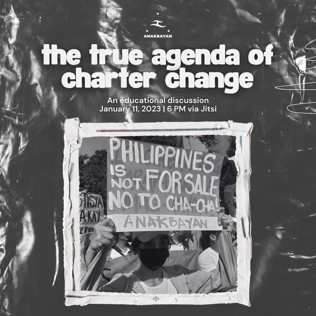 anakbayan_ph's tweet photo. Amidst the Marcos-Duterte regime desperately pushing for charter change through their so-called “people’s initiative” and paid advertisement, the question arises: what is the true agenda of the charter change under the Marcos-Duterte regime?

#NoToCharterChange https://t.co/iT6vUJeAyF