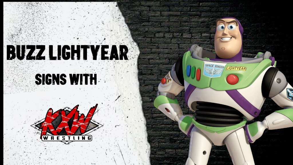 CrackjawRecords's tweet photo. I did say there would be two announcements today!! This one however is the announcement of the celebrity signing.  @ronnin_c has signed the one and only Buzz Lightyear to a KXW contract it is uncertain how long the contract will last but this was because of the Halloween Rumble https://t.co/R5mBFp1FM4