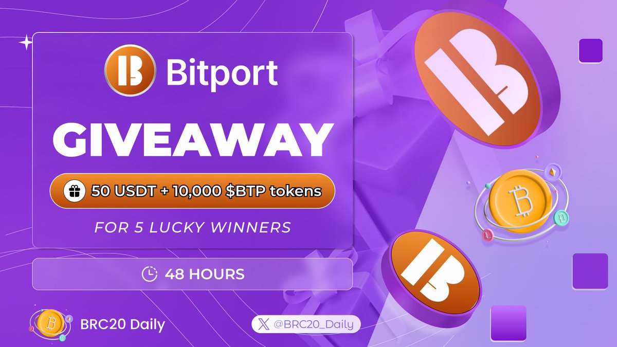 BRC20_Daily's tweet photo. 🎉 GIVEAWAY 🎉

@bitport_network - The first Sol-Compatible Bitcoin Layer2 Network aims to establish the interoperable gateway between #Bitcoin & #Solana ecosystem 🟠

🎁 50 USDT + 10,000 $BTP tokens for 5 lucky winners

To enter:
✅ Follow @BRC20_Daily & @bitport_network
✅ Like, RT & Tag 3 friends
✅ Comment your Solana wallet 
✅ Submit here: https://t.co/fXucA1pjTn

⌛️ 48 hours

Get ready for the next big thing 🫡

#BRC20 #Ordinals #giveaway #airdrop #bitport