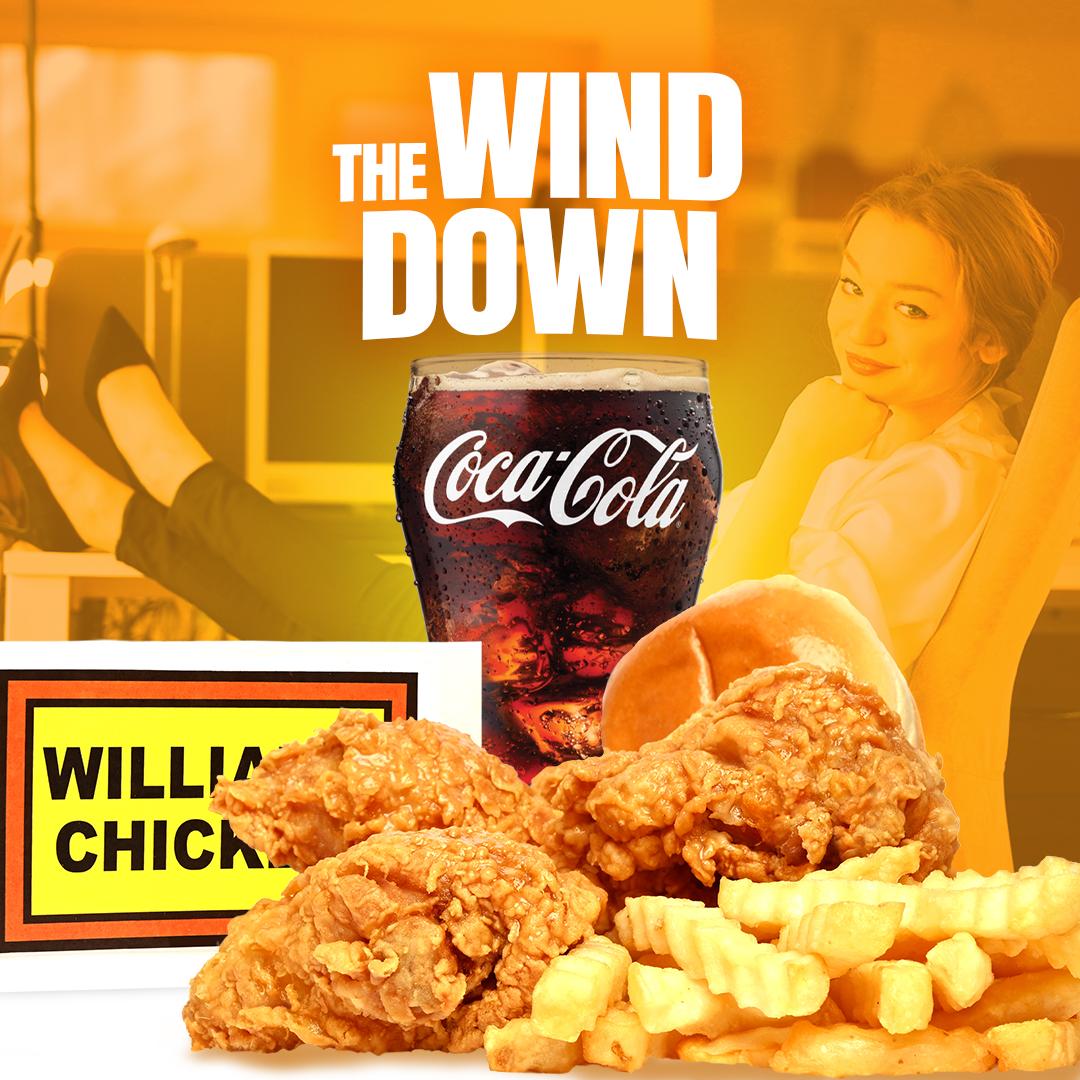WilliamsChickn's tweet photo. Don't WIND DOWN without WILLIAMS CHICKEN...a COKE...and a SMILE! #winddown #williamschicken #fastfood #foodie #wedeliver #fastfoodrestaurant #ubereats #restaurant #doordash #grubhub #chicken #coke #smile https://t.co/CqQgCHSmoF