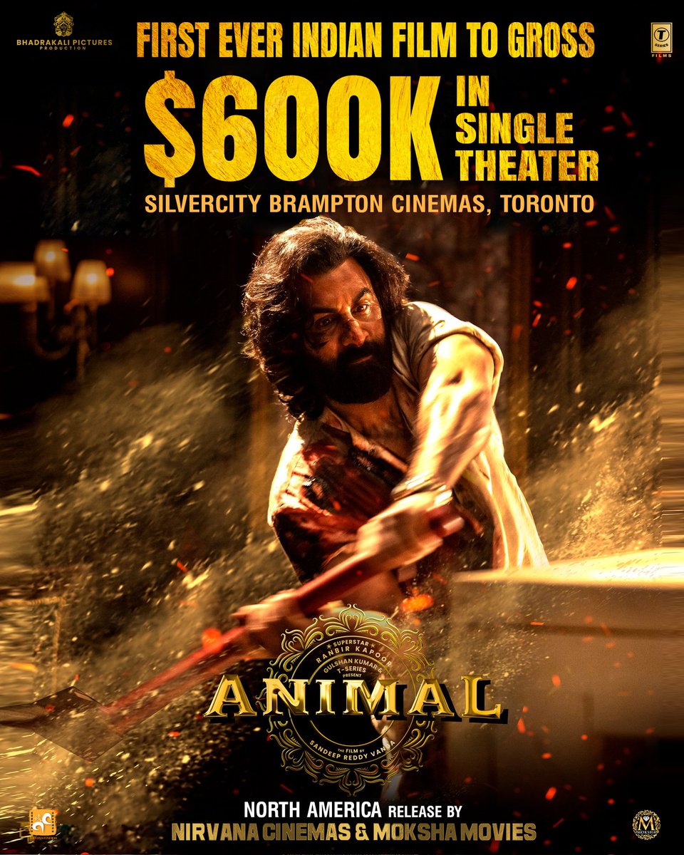 #Animal is still raking in good revenues in North America. 🇺🇸
In addition to many records it created, it is now the only Indian movie ever to cross $600K in a single theater. 🤘

#AnimalTheFilm #AnimalCreatesHistory #AnimalBoxOffice #RanbirKapoor #SandeepReddyVanga #Tupaki