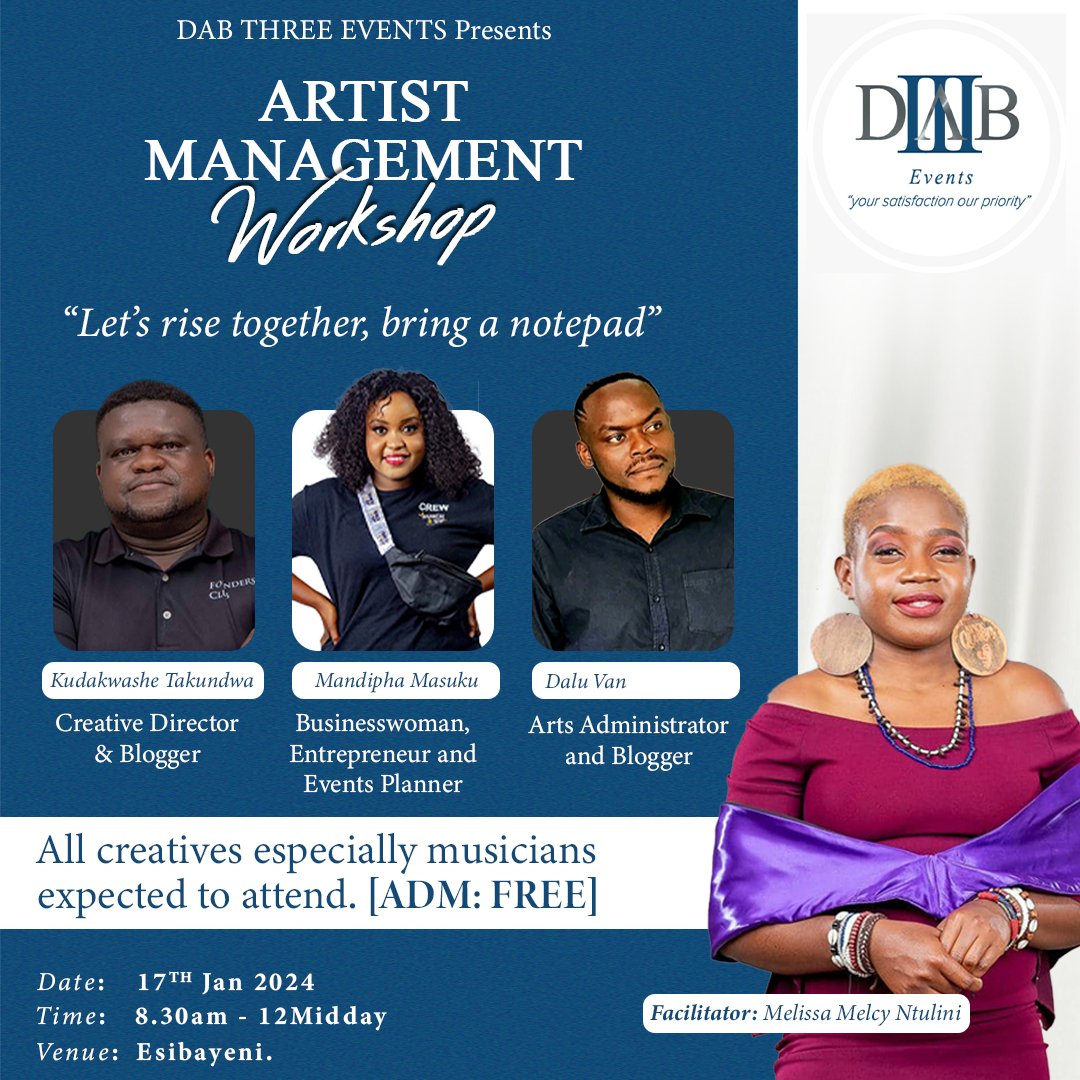 dabthree_events's tweet photo. Artists management workshop on the 17th of Jan at Isibaya Tshisanyama Ematshobane adm free, everyone is welcome to attend come and we rise together @MandipaMasuku @KudakwasheTaku @van_vodloza https://t.co/2wSdphmA0h