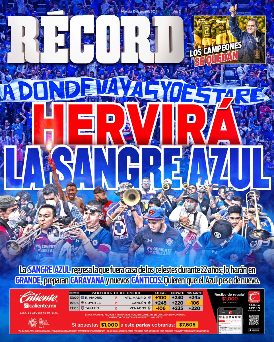 record_mexico's tweet photo. #PortadaRÉCORD 🗞️
10 de enero de 2024 

¡Hervirá la Sangre Azul! 🔵

La Sangre Azul regresa a la que fuera casa de los celestes durante 22 años; lo harán en grande. 😮‍💨

👉🏻 https://t.co/nnUYDjkFr6 https://t.co/DyeAishd3O