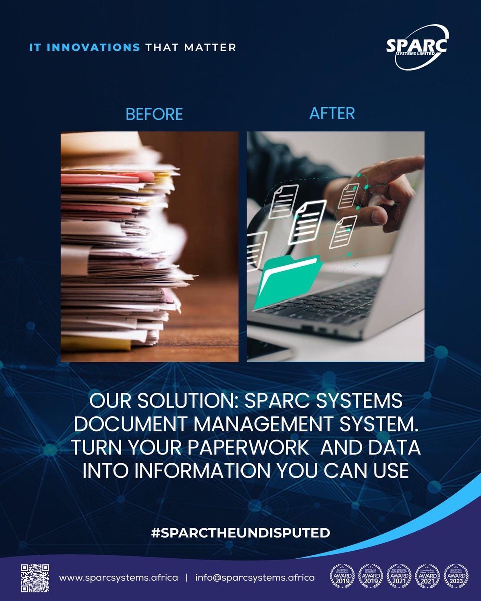 No more excess paperwork  ! 

Discover the latest capabilities and innovations for managing your enterprise data with the SPARC Document Management System . 

Email info@sparcsystems.africa to get started 

#sparctheundisputed
#DocumentManagementSystem