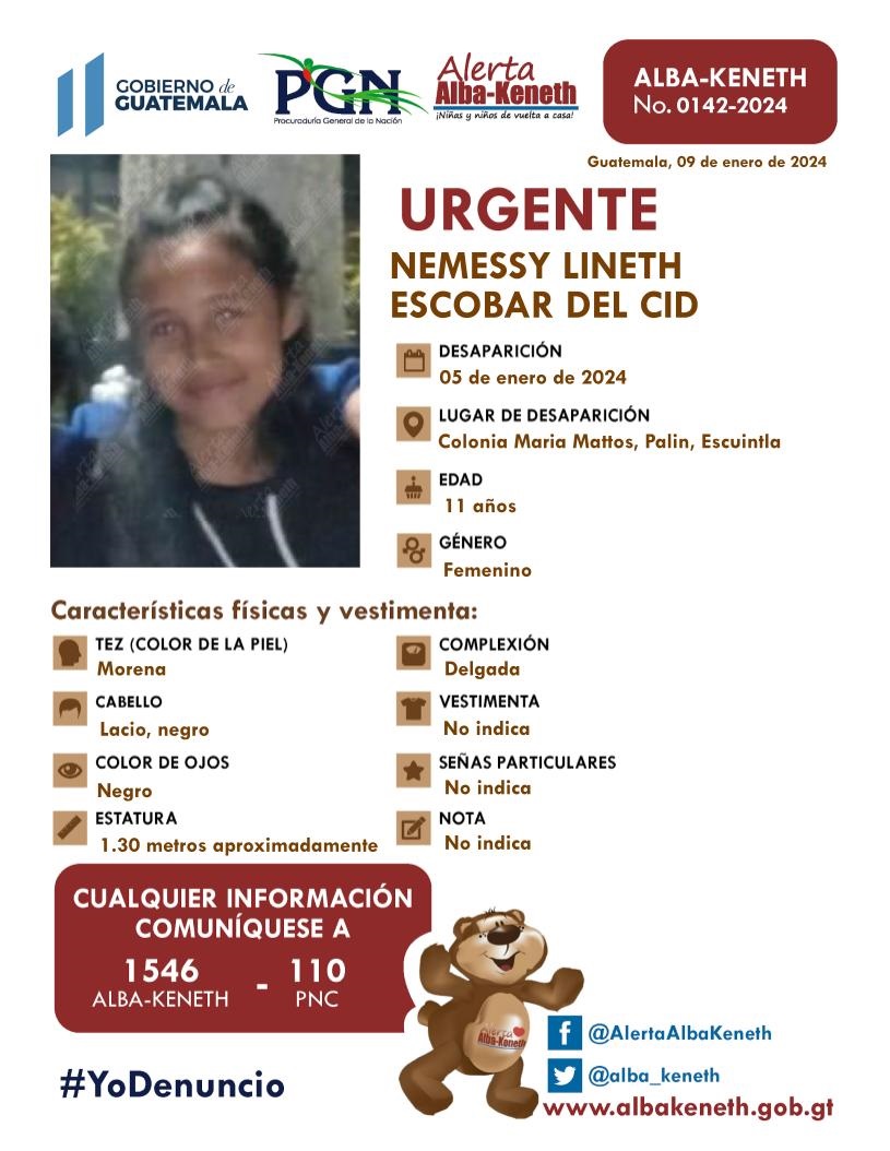alba_keneth's tweet photo. #AlertaAlbaKeneth ⚠️| Nemessy Lineth Escobar Del Cid, de 11 años de edad. Desapareció el 05 de enero de 2024, en Colonia María Mattos, Palín, Escuintla. 

🔄Comparte y ayúdanos con su localización.         
📞Si tienes información llama al 1546 https://t.co/jEuEUNkP9d