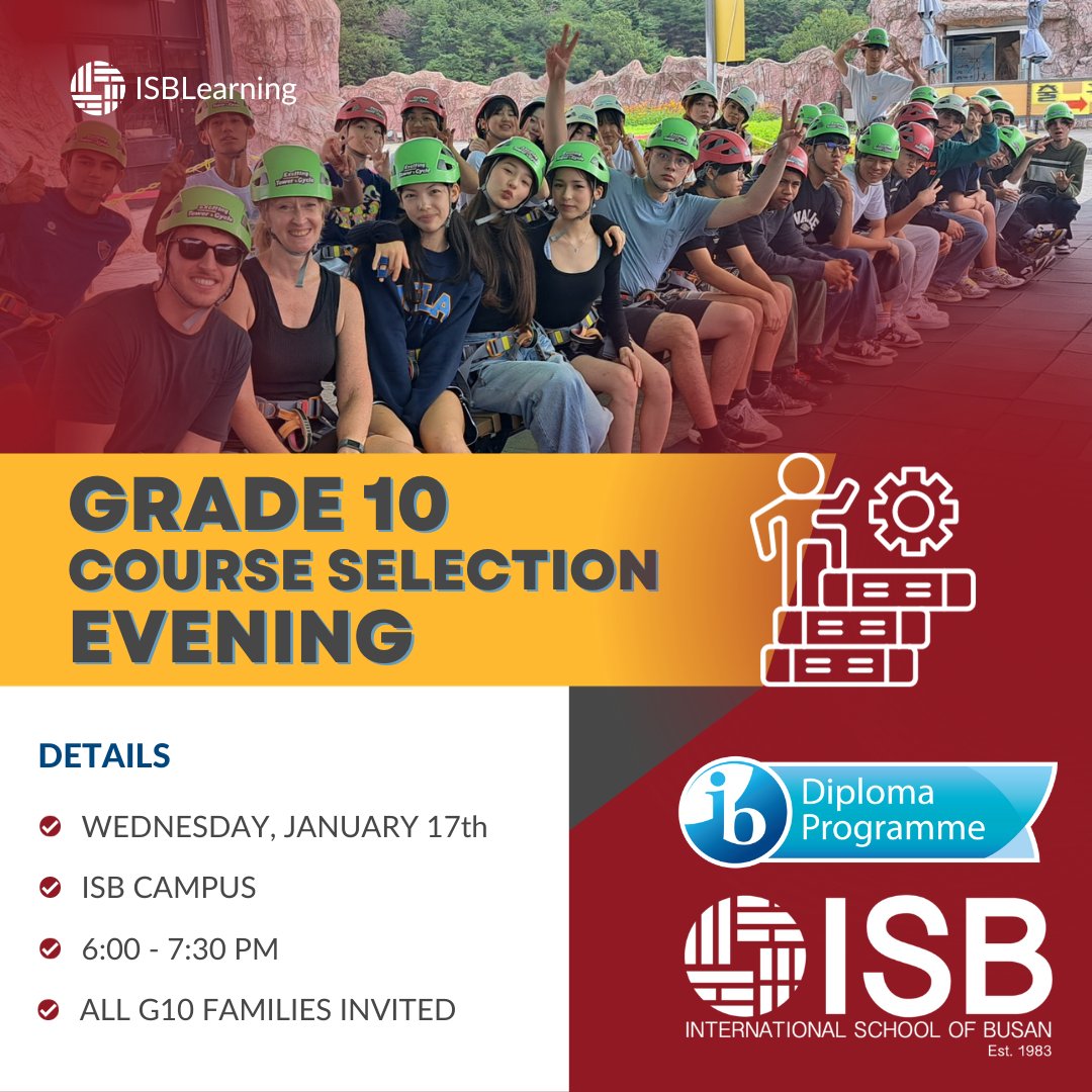 ISBLearning's tweet photo. Parents &amp; students of Grade 10 will join us on Wednesday, January 17, for a crucial course selection evening at our school. This event is a must-attend for insights into our programs, course offerings, &amp; making the best choices for Grade 11 &amp; beyond. #ISBLearning #ibworldschool https://t.co/JHY1CBCtZs