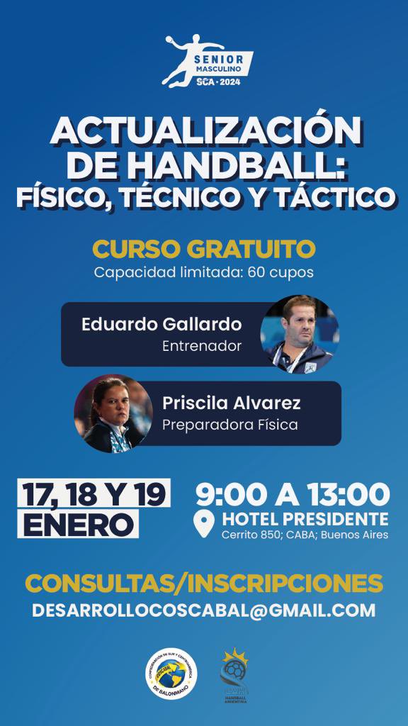 Hola ! 
Les compartimos la informacion de la capacitación que se estará realizando en el HOTEL 🏨 PRESIDENTE  ( Cerrito 850)   durante el torneo Sur Centro Adulto masculino , en la ciudad de Buenos Aires. 
Es gratuito, deben inscribirse previamente a desarrollocosacabal@gmail.com