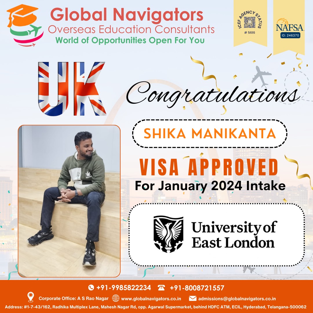 Celebrating success! 📷 Shika Manikanta, your aspirations are turning into reality with your Visa for January 2024 to University of East London!  Here's to chasing your ambitions!#VisaSuccess #FutureGraduate #UELBound #AmbitionsRealized #StudentLife #DreamsComeTrue #NewBeginnings