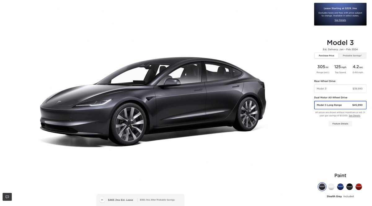 SawyerMerritt's tweet photo. BREAKING: @Tesla has officially introduced the all-new Model 3 in North America. It starts at $38,990.

• Model 3 RWD: $38,990 (272 mile range)
• Model 3 Long Range: $45,990 (341 mile range)

Ordering is now available. https://t.co/ZI70hdnP5o