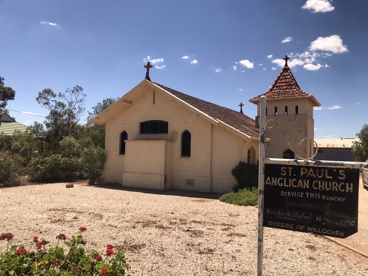 AustAnglican's tweet photo. Orroroo: population 516 (46 Anglicans, 8.9%). St Paul’s is the third Anglican church building in town; opened for worship by Bishop Gilbert White 27 June 1920. Very curious architecture: described as ‘gothic meets California bungalow’ or ‘strange Mediterranean style’ 😂 https://t.co/P7e66zdX9u