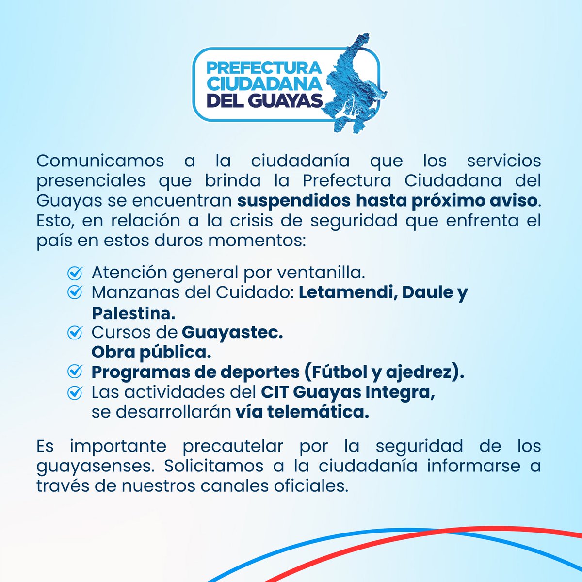 📢 #GuayasInforma | ¡Aviso importante! 
Comunicamos a la ciudadanía que los servicios que brinda la Prefectura Ciudadana del Guayas se encuentran suspendidos hasta próximo aviso. 

#GuayasSeMueveAlCambio
