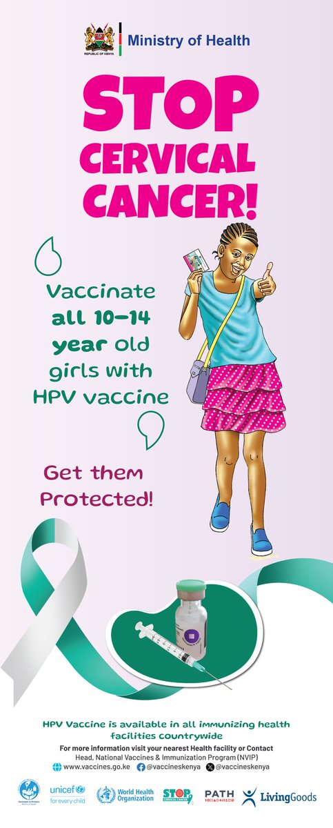 In Kenya, the HPV vaccine is available free of charge at any government facility offering routine immunizations for children. It is given in two doses, six months apart to girls between 10-14 years of age.Get your daughter vaccinated today to prevent cervical cancer #ActNow