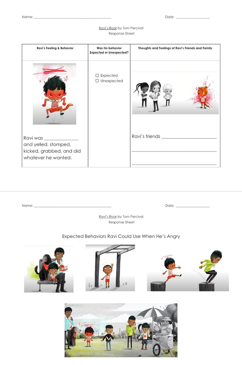 MrsLanhamSDGVA's tweet photo. #Kindergarten small group #SEL lesson. Read #RavisRoar by @TomPercivalsays and talked about expected and #unexpected behaviors and the thoughts and feelings of those around him. Students came up with reasonable ways Ravi could have responded.  

#SocialThinking https://t.co/jJkKQfEUxr