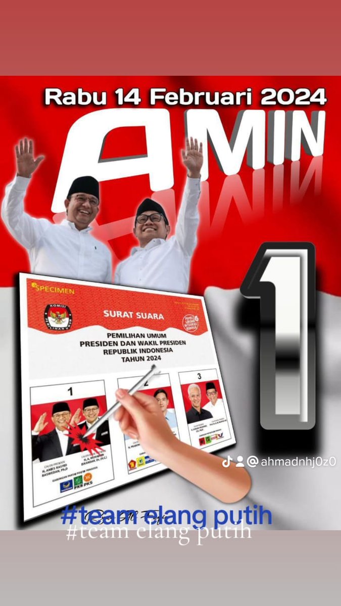 Omon_Omon Saat Pemilu nanti Tanggal 14 Febuari Pilihan kita sama ya... AMIN #Coblos1Aja #AMINkanIndonesia #TeamElangPutih Ayo menuju Perubahan!!!!! @aniesbaswedan @cakimiNOW